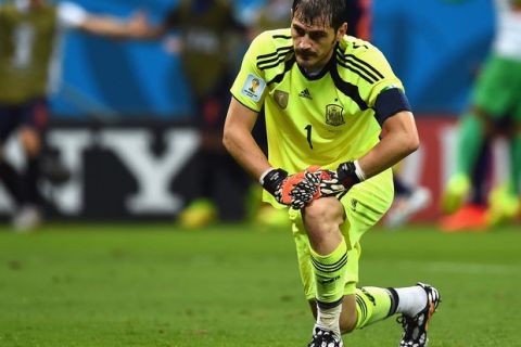 SALVADOR, BRAZIL - JUNE 13:  Iker Casillas of Spain looks dejected after the Netherlands second goal during the 2014 FIFA World Cup Brazil Group B match between Spain and Netherlands at Arena Fonte Nova on June 13, 2014 in Salvador, Brazil.  (Photo by David Ramos/Getty Images)