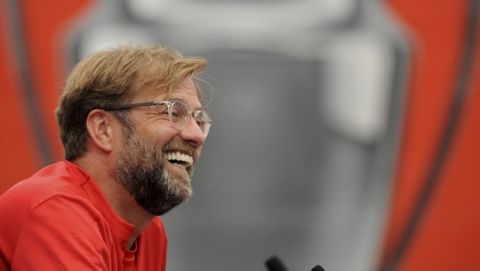 Liverpool manager Juergen Klopp gives a press conference at the Liverpool soccer team media open day, in Liverpool, England, Tuesday, May 28, 2019, ahead of their Champions League Final soccer match against Tottenham on Saturday in Madrid. (AP Photo/Rui Vieira)