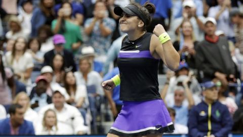 Bianca Andreescu, of Canada, reacts after defeating Serena Williams, of the United States, in the women's singles final of the U.S. Open tennis championships Saturday, Sept. 7, 2019, in New York. (AP Photo/Adam Hunger)