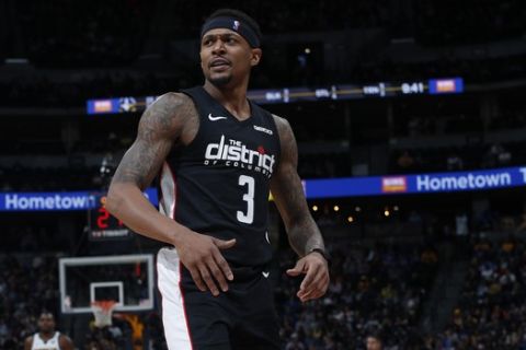 Washington Wizards guard Bradley Beal (3) in the second half of an NBA basketball game Sunday, March 31, 2019, in Denver. The Wizards won 95-90. (AP Photo/David Zalubowski)