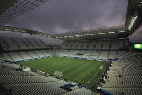 General view at the Itaquerao Stadium during an official training session the day before the group A World Cup soccer match between Brazil and Croatia in the Itaquerao Stadium, Sao Paulo, Brazil, Wednesday, June 11, 2014.  (AP Photo/Felipe Dana)