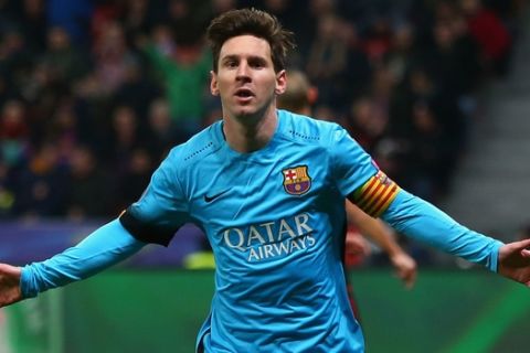 LEVERKUSEN, GERMANY - DECEMBER 09: Lionel Messi of Barcelona celebrates scoring the first Barcelona goal during the UEFA Champions League Group E match between Bayer 04 Leverkusen and FC Barcelona at BayArena on December 9, 2015 in Leverkusen, Germany.  (Photo by Alex Grimm/Bongarts/Getty Images)