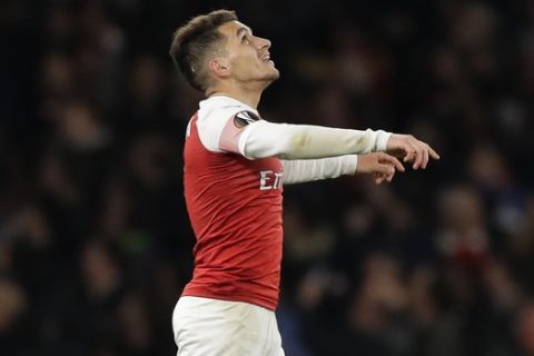 Arsenal's Lucas Torreira celebrates after scoring his side's second goal during the Europa League first leg quarterfinal soccer match between Arsenal and Napoli at Emirates stadium in London, Thursday, April 11, 2019. (AP Photo/Kirsty Wigglesworth)
