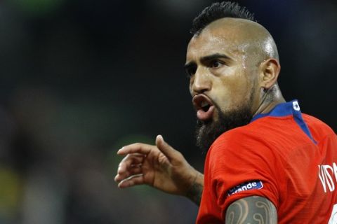 Chile's Arturo Vidal reacts during the Copa America third-place soccer match against Argentina at the Arena Corinthians in Sao Paulo, Brazil, Saturday, July 6, 2019. (AP Photo/Victor R. Caivano)
