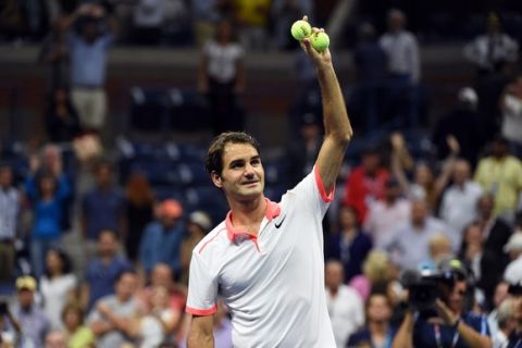 September 11, 2015 - Roger Federer reacts after defeating Stan Wawrinka (not pictured) in a men's singles semifinals match during the 2015 US Open at the USTA Billie Jean King National Tennis Center in Flushing, NY. (USTA/Garrett Ellwood)