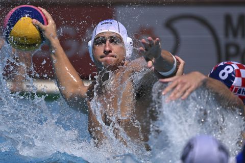 Georgios Dervisis of Greece in action during the Men's water polo bronze medal match between Greece and Croatia at the 19th FINA World Championships in Budapest, Hungary, Sunday, July 3, 2022. (AP Photo/Anna Szilagyi)
