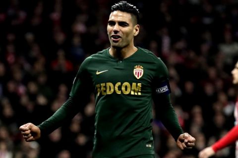 Monaco forwarder Radamel Falcao reacts after he failed to score a penalty during a Group A Champions League soccer match between Atletico Madrid and Monaco at the Metropolitano stadium in Madrid, Wednesday, Nov. 28, 2018. (AP Photo/Manu Fernandez)