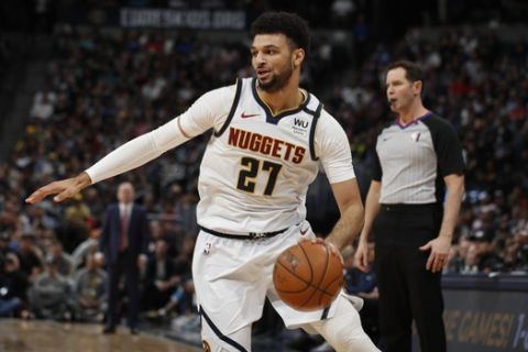 Denver Nuggets guard Jamal Murray (27) in the first half of an NBA basketball game Monday, March 9, 2020, in Denver. (AP Photo/David Zalubowski)