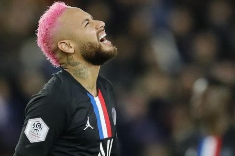 PSG's Neymar reacts during the French League One soccer match between Paris-Saint-Germain and Montpellier at the Parc des Princes stadium in Paris, Saturday Feb. 1, 2020. (AP Photo/Christophe Ena)