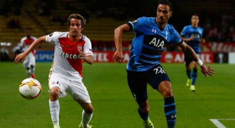 MONACO - OCTOBER 01: Fabio Coentrao of Monaco and Nacer Chadli of Tottenham Hotspur compete for the ball during the UEFA Europa League group J match between AS Monaco FC and Tottenham Hotspur FC at Stade Louis II on October 1, 2015 in Monaco, Monaco.  (Photo by Julian Finney/Getty Images)