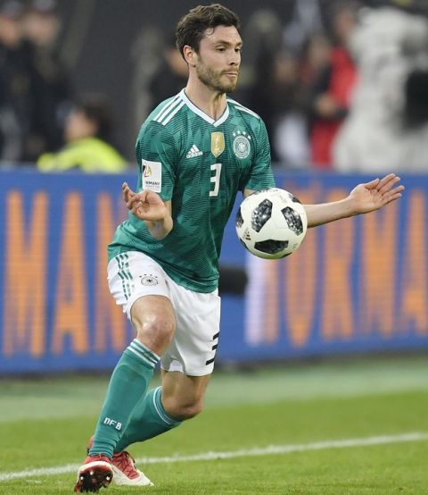 Germany's Jonas Hector plays during an international friendly soccer match between Germany and Spain in Duesseldorf, Germany, Friday, March 23, 2018. (AP Photo/Martin Meissner)