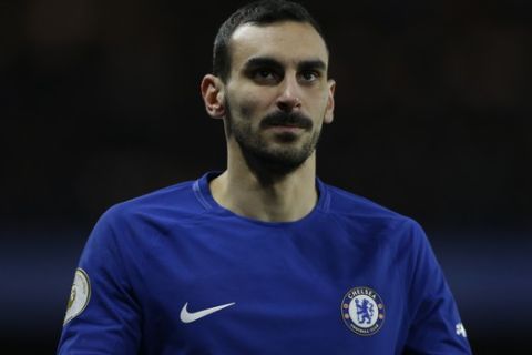 Chelsea's Davide Zappacosta prepares to take a throw in during the English Premier League soccer match between Chelsea and West Bromwich Albion at Stamford Bridge stadium in London, Monday, Feb. 12, 2018. (AP Photo/Alastair Grant)