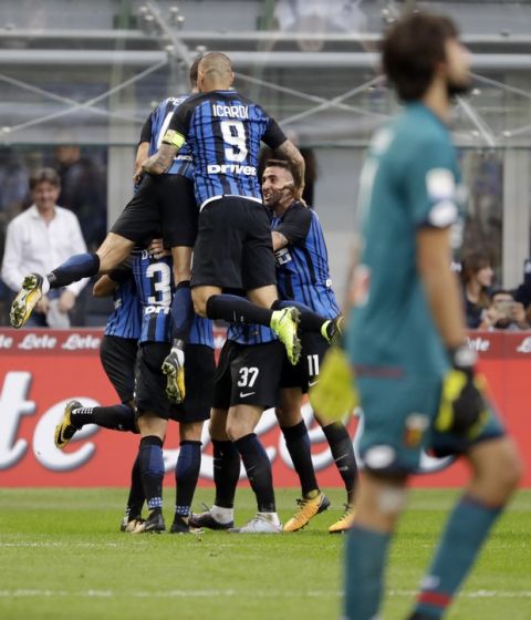 Inter Milan players celebrate after their teammate Danilo D'Ambrosio scored during a Serie A soccer match between Inter Milan and Genoa, at Milan's San siro Stadium, northern Italy, Sunday, Sept. 24, 2017. (AP Photo/Luca Bruno)