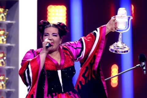 Netta from Israel celebrates after winning the Eurovision song contest in Lisbon, Portugal, Saturday, May 12, 2018 during the Eurovision Song Contest grand final. (AP Photo/Armando Franca)