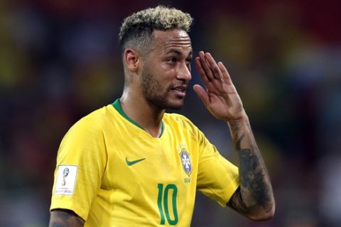 Brazil's Neymar gestures as Brazil won the group E match between Serbia and Brazil, at the 2018 soccer World Cup in the Spartak Stadium in Moscow, Russia, Wednesday, June 27, 2018. (AP Photo/Rebecca Blackwell)