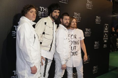 Rockband Kasabian arrives to attend The Best FIFA 2017 Awards at the Palladium Theatre in London, Monday, Oct. 23, 2017. (AP Photo/Alastair Grant)