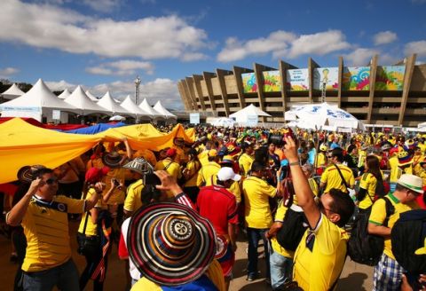 BELO HORIZONTE, BRAZIL - JUNE 14:  Colombia fans enjoy the atmosphere prior to the 2014 FIFA World Cup Brazil Group C match between Colombia and Greece at Estadio Mineirao on June 14, 2014 in Belo Horizonte, Brazil.  (Photo by Ian Walton/Getty Images)