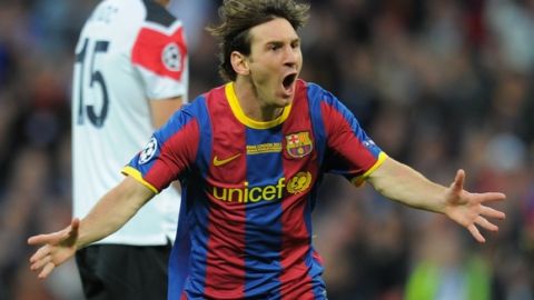 Barcelona's Argentinian forward Lionel Messi celebrates after scoring a goal during the UEFA Champions League final football match FC Barcelona vs. Manchester United, on May 28, 2011 at Wembley stadium in London. AFP PHOTO / LLUIS GENE (Photo credit should read LLUIS GENE/AFP/Getty Images)