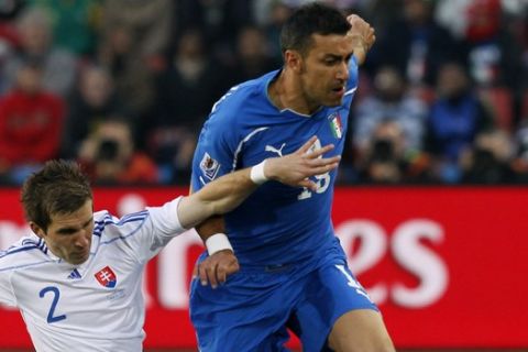 Slovakia's Peter Pekarik, left, tackles Italy's Fabio Quagliarella during the World Cup group F soccer match between Slovakia and Italy at Ellis Park Stadium in Johannesburg, South Africa, Thursday, June 24, 2010.  (AP Photo/Eugene Hoshiko)