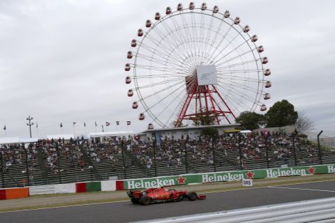 FILE - In this Oct. 11, 2019, file photo, Ferrari driver Charles Leclerc of Monaco steers his car during the second practice session for the Japanese Formula One Grand Prix at Suzuka Circuit in Suzuka, central Japan. The 2021 Japanese Grand Prix has been canceled following discussions between the government and race promoters, Formula One organizers said Wednesday, Aug. 18, 2021. (AP Photo/Toru Takahashi, File)