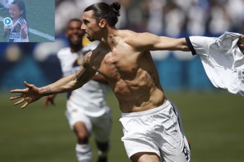 Los Angeles Galaxy's Zlatan Ibrahimovic, of Sweden, celebrates his debut goal during the second half of an MLS soccer match against the Los Angeles FC Saturday, March 31, 2018, in Carson, Calif. The Galaxy won 4-3. (AP Photo/Jae C. Hong)