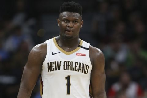 New Orleans Pelicans' Zion Williamson in the second half of an NBA basketball game against the Minnesota Timberwolves, Sunday, March 8, 2020, in Minneapolis. The Pelicans won 120-107. (AP Photo/Stacy Bengs)