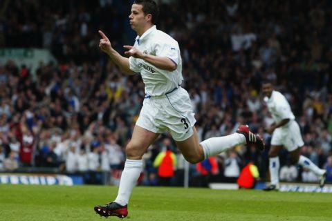 LEEDS - MAY 11:  Ian Harte of Leeds United celebrates scoring the opening goal during the FA Barclaycard Premiership match between Leeds United and Aston Villa held on May 11, 2003 at Elland Road, in Leeds, England. Leeds United won the match 3-1. (Photo by Mike Finn Kelcey/Getty Images)