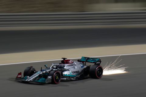 Mercedes driver George Russell of Britain steers his car during qualifying session for the Formula One Bahrain Grand Prix it in Sakhir, Bahrain, Saturday, March 19, 2022. (AP Photo/Hassan Ammar)