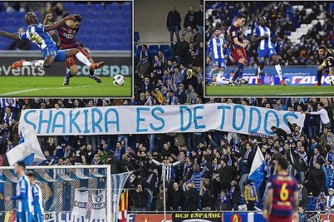 JANUARY 13: RCD Espanyol fans hold a sign reading "Shakira Es De Todos" during the Copa del Rey Round of 16 match between RCD Espanyol and FC Barcelona at Power8 Stadium in Barcelona, Spain. (Photo by Mikel Trigueros/Cordon Press/phcimages.com)