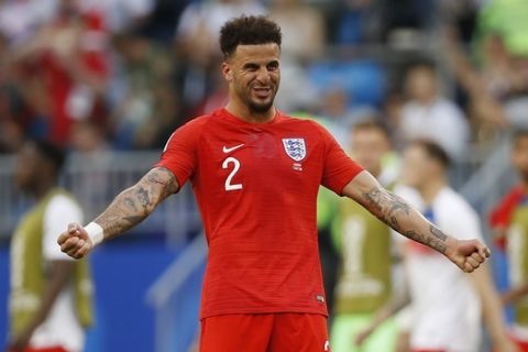 England's Kyle Walker celebrates after his team won Sweden 0-2 the quarterfinal match between Sweden and England at the 2018 soccer World Cup in the Samara Arena, in Samara, Russia, Saturday, July 7, 2018. (AP Photo/Francisco Seco)