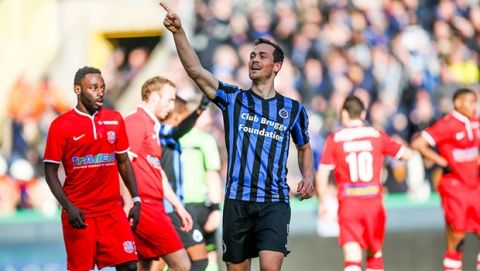 20150301 - BRUGGE, BELGIUM: Club's Tom De Sutter celebrates after scoring during the Jupiler Pro League match between Club Brugge KV and Mouscron-Peruwelz, in Brugge, Sunday 01 March 2015, on the 28th day of the Belgian soccer championship. BELGA PHOTO BRUNO FAHY