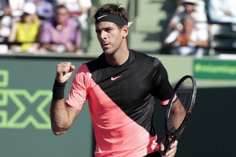 Juan Martin del Potro, of Argentina, reacts after defeating Kei Nishikori, of Japan, during the Miami Open tennis tournament, Sunday, March 25, 2018, in Key Biscayne, Fla. Del Potro won 6-2, 6-2. (AP Photo/Lynne Sladky)