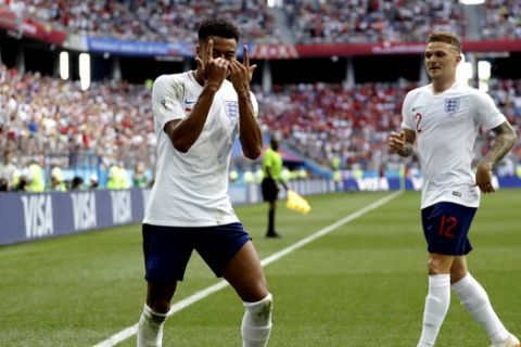 England's Jesse Lingard reacts as he celebrates after scoring his team's third goal during the group G match between England and Panama at the 2018 soccer World Cup at the Nizhny Novgorod Stadium in Nizhny Novgorod , Russia, Sunday, June 24, 2018. (AP Photo/Matthias Schrader)