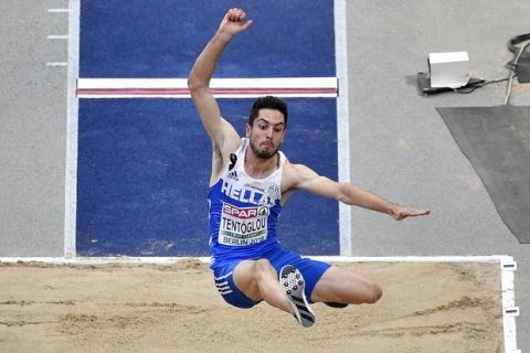 Greece's Miltiadis Tentoglou makes an attempt in the men's long jump final at the European Athletics Championships in Berlin, Germany, Wednesday, Aug. 8, 2018. (AP Photo/Martin Meissner)