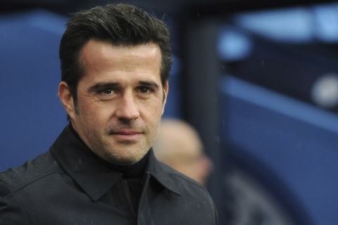 FILE - In this Saturday, Dec. 15, 2018 file photo, Everton manager Marco Silva prior the English Premier League soccer match between Manchester City and Everton at Etihad stadium in Manchester, England. Silva is the latest top-flight coach to come under big pressure, after Evertons slump in results in the league was followed, on Saturday Jan. 26, 2019, by the teams elimination from the FA Cup by an opponent in the lower reaches of the second tier. (AP Photo/Rui Vieira, File)