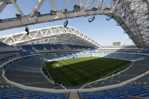 FILE - This Wednesday, March 1, 2017 file photo shows an inside view of the Fisht Olympic stadium in Sochi, Russia. Sochi's World Cup stadium is a spectacular, sweeping structure on the Black Sea coast, but few locals have seen inside. In fact, the Fisht Olympic Stadium hasn't hosted a game in nearly a year. (AP Photo/Artur Lebedev, File)