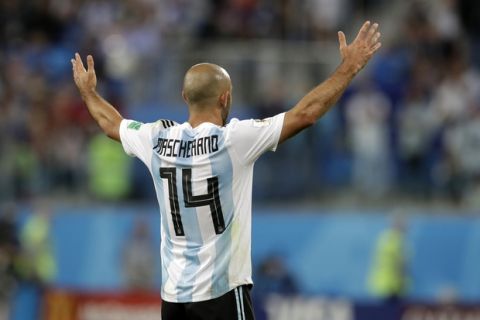 Argentina's Javier Mascherano reacts during the group D match between Argentina and Nigeria, at the 2018 soccer World Cup in the St. Petersburg Stadium in St. Petersburg, Russia, Tuesday, June 26, 2018. (AP Photo/Petr David Josek)