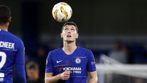 Chelsea's Andreas Christensen heads a ball after a Group L Europa League soccer match between Chelsea and BATE at Stamford Bridge stadium in London, Thursday, Oct. 25, 2018. (AP Photo/Alastair Grant)