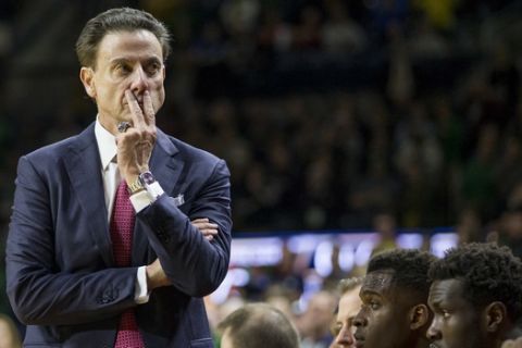 Louisville head coach Rick Pitino looks on as his team falls behind late during the second half of an NCAA college basketball game against Notre Dame Wednesday, Jan. 4, 2017, in South Bend, Ind. Notre Dame won 77-70.  (AP Photo/Robert Franklin)