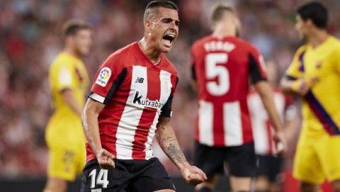 Athletic Bilbao's Dani Garcia reacts during the Spanish La Liga soccer match between Athletic Bilbao and FC Barcelona at San Mames stadium in Bilbao, northern Spain, Friday, Aug. 16, 2019. (AP Photo/Ion Alcoba Beitia)