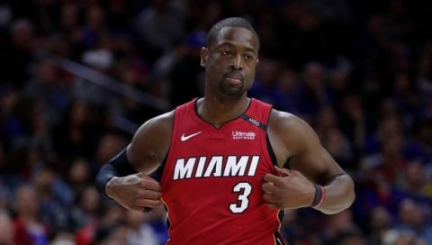 Miami Heat's Dwyane Wade looks on during the second half in Game 2 of a first-round NBA basketball playoff series against the Philadelphia 76ers, Monday, April 16, 2018, in Philadelphia. The Heat won 113-103. (AP Photo/Chris Szagola)