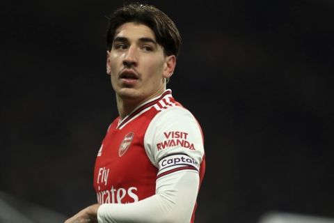 Arsenal's Hector Bellerin is seen during the English Premier League soccer match between Chelsea and Arsenal at Stamford Bridge stadium in London England, Tuesday, Jan. 21, 2020. (AP Photo/Leila Coker)