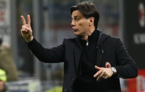 AC Milan coach Vincenzo Montella gives directions to his players during a Serie A soccer match between AC Milan and Genoa, at the San Siro stadium in Milan, Italy, Saturday, March 18, 2017. (AP Photo/Antonio Calanni)