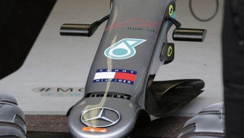A part of Mercedes driver Lewis Hamilton of Britain car with German that reads, "Thanks Niki," stands on the Mercedes garage during the first practice session at the Monaco racetrack, in Monaco, Thursday, May 23, 2019. Three-time Formula One world champion Niki Lauda, who won two of his titles after a horrific crash that left him with serious burns and went on to become a prominent figure in the aviation industry, has died on May 21, 2109. He was 70. (AP Photo/Luca Bruno)