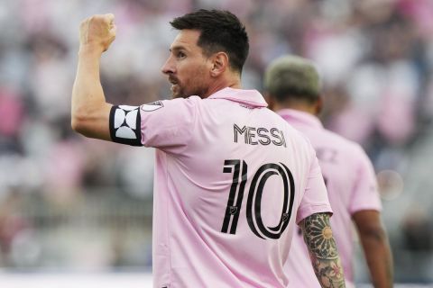 Inter Miami forward Lionel Messi (10) reacts after scoring a goal during the first half of a Leagues Cup soccer match against Atlanta United, Tuesday, July 25, 2023, in Fort Lauderdale, Fla. (AP Photo/Lynne Sladky)