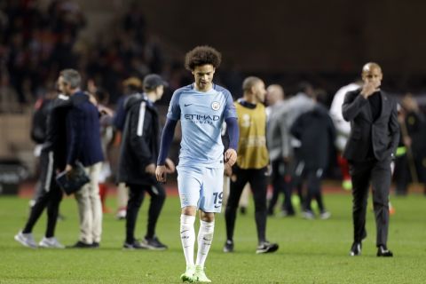 Manchester City's Leroy Sane leaves the pitch at the end of a Champions League round of 16 second leg soccer match between Monaco and Manchester City at the Louis II stadium in Monaco, Wednesday March 15, 2017. Midfielder Tiemoue Bakayoko's thumping header sent Monaco through to the Champions League quarterfinals as the home side beat Manchester City 3-1 on Wednesday to progress on the away goals rule in another pulsating match between two attack-minded sides. (AP Photo/Claude Paris)