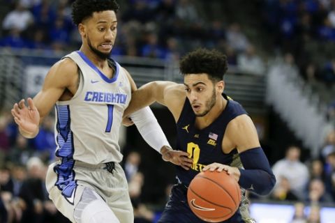 Marquette's Markus Howard, right, tries to get past Creighton's Davion Mintz, left, during the first half of an NCAA college basketball game in Omaha, Neb., Wednesday, Jan. 9, 2019. (AP Photo/Nati Harnik)