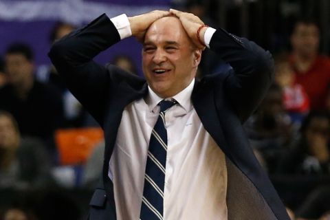 Real Madrid's coach Pablo Laso reacts during the Euroleague Final-Four basketball game final with Olympiacos at the O2 Arena, in London, Sunday, May 12, 2013. Olympiacos defeated Real Madrid 100-88. (AP Photo/Matt Dunham)