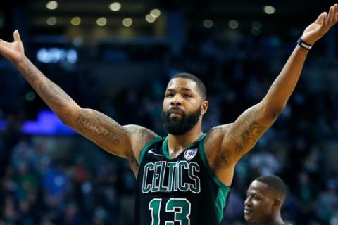 Boston Celtics' Marcus Morris reacts after being ejected during the fourth quarter of an NBA basketball game against the Toronto Raptors in Boston, Saturday, March 31, 2018. The Celtics won 110-99. (AP Photo/Michael Dwyer)