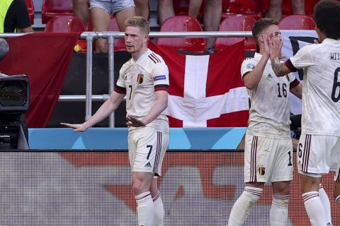 Ο Κέβιν ντε Μπράινε του Βελγίου πανηγυρίζει γκολ που σημείωσε κόντρα στη Δανία για τη φάση των ομίλων του Euro 2020 στο "Πάρκεν", Κοπεγχάγη | Πέμπτη 17 Ιουνίου 2021